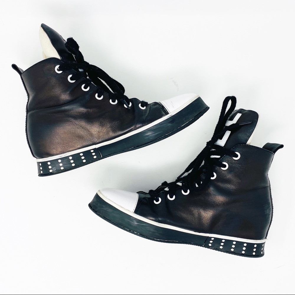 Zoteno Line Leather Platform High Top Sneakers Black White Studded Punk 7